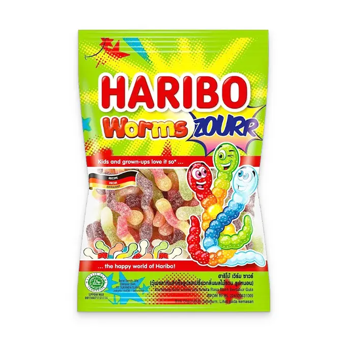 haribo worms solucan Haribo Worms Sour (Halal) 80g (1x30) - Afbeelding 1