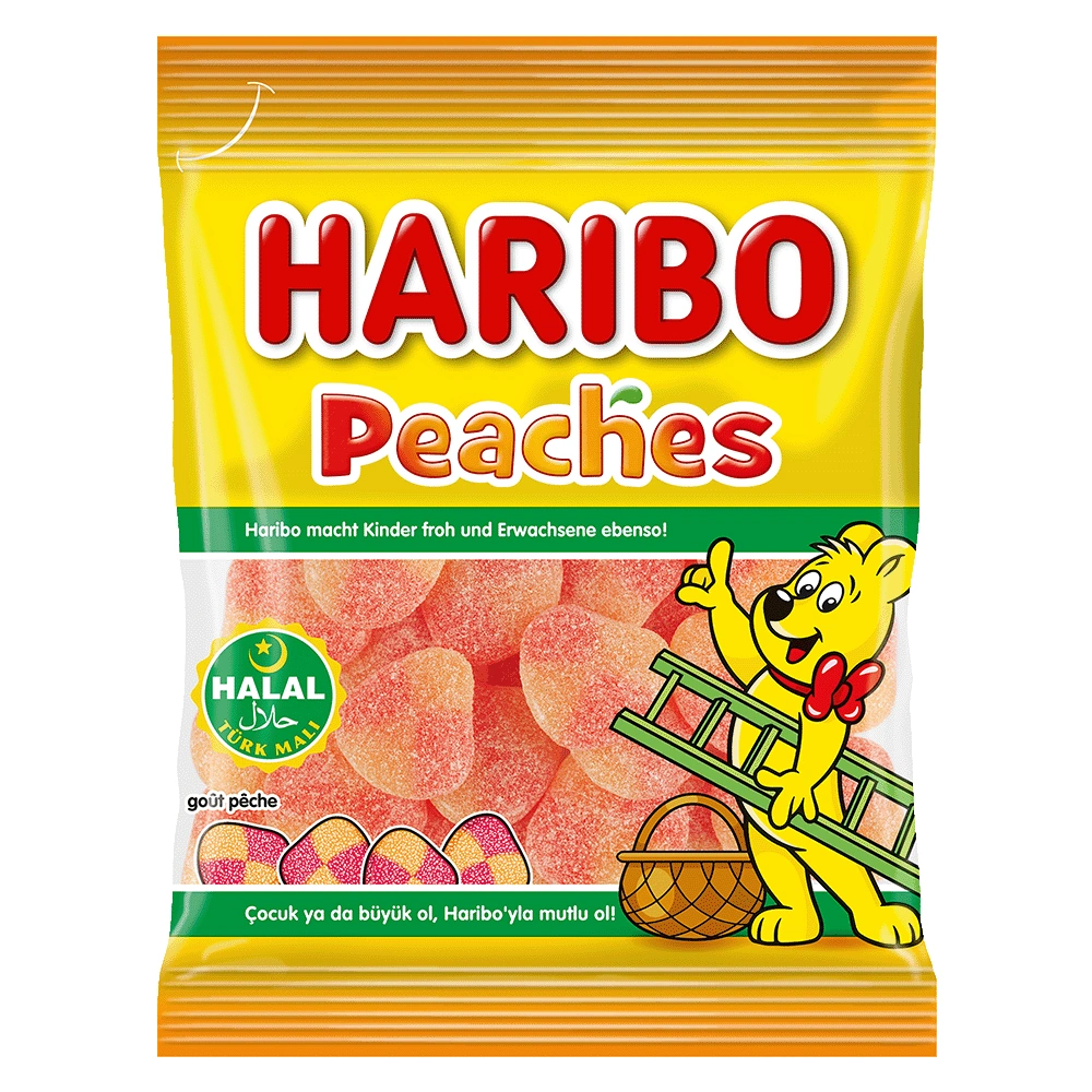 Haribo-Halal-Peaches-100g Haribo Peaches (Halal) 100 g (1x24) - Afbeelding 1